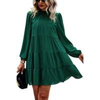 Green Puff Sleeve Mock Neck Back Knot Tiered Dress - XL thumbnail
