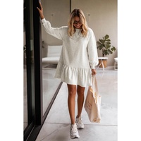 White Solid Color Puff Sleeve Ruffle Hem Mini Dress - S thumbnail