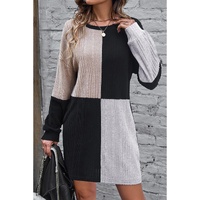 Black Ribbed Color Block Drop Shoulder Long Sleeve Mini Dress - L thumbnail