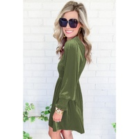 Moss Green Frilled Neck Smocked Bodice Velvet Dress - L thumbnail