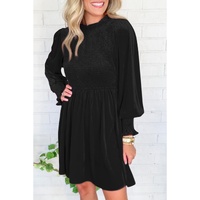 Black Frilled Neck Smocked Bodice Velvet Dress - M thumbnail