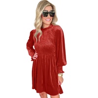 Red Clay Frilled Neck Smocked Bodice Velvet Dress - L thumbnail
