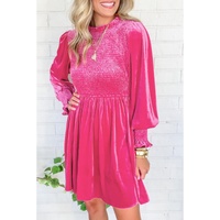 Rose Frilled Neck Smocked Bodice Velvet Dress - L thumbnail