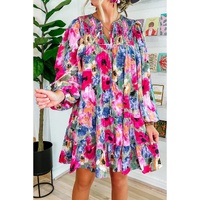 Multicolour Floral Tie Neck Bubble Sleeve Shift Dress - M thumbnail