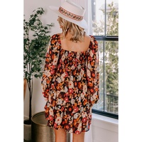 Multicolour Smocked High Waist Long Sleeve Floral Dress - L thumbnail