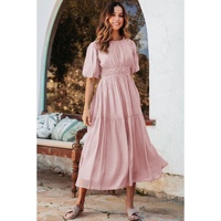 Pink Puff Sleeve Pleated High Waist Flowy Long Dress - L thumbnail
