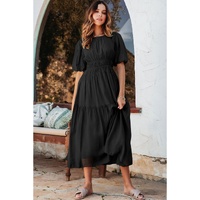 Black Puff Sleeve Pleated High Waist Flowy Long Dress - M thumbnail