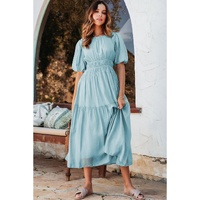 Light Blue Puff Sleeve Pleated High Waist Flowy Long Dress - S thumbnail