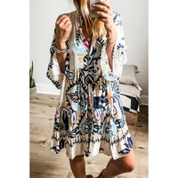White Printed Tribal Print Bracelet Sleeve Buttoned Mini Dress - S thumbnail