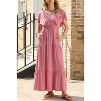 Rose Pink Textured V Neck Flutter Sleeve Ruffled Maxi Dress - 2XL thumbnail