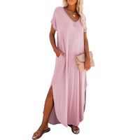 Pink V Neck Hidden Pocket Splits Maxi T-shirt Dress - M thumbnail