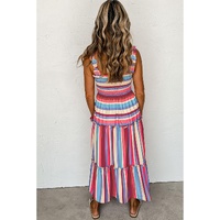 Red Stripe Ruffled Straps Smocked Tiered Long Dress - L thumbnail