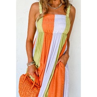 Green Color Block Shirred High Waist Fit and Flare Maxi Dress - S thumbnail