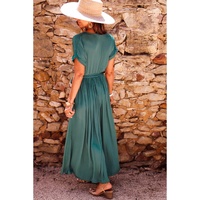 Blackish Green Solid Color V Neck Wrap Pleated Short Sleeve Maxi Dress - M thumbnail
