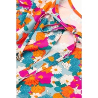 Sky Blue Floral Print Tie Split Neck Bubble Sleeve Babydoll Dress - M thumbnail