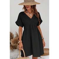 Black Folded Short Sleeve Lace V Neck Mini Dress - S thumbnail