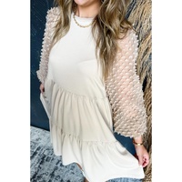 Beige Embellished Puff Sleeve Tiered A-line Dress - L thumbnail