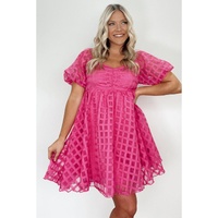 Strawberry Pink Checkered Puff Sleeve Babydoll Dress - XL thumbnail