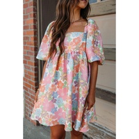 Pink Summer Floral Square Neck Puff Sleeve Babydoll Dress - L thumbnail