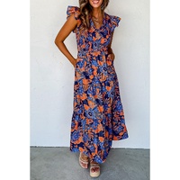Dark Blue Boho Floral V Neck Ruffle Tiered Long Dress - S thumbnail