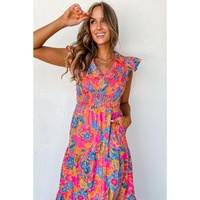 Rose Red Boho Floral V Neck Ruffle Tiered Long Dress - M thumbnail