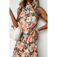 Black Boho Floral Print Knotted Halter Ruffled Maxi Dress - L thumbnail
