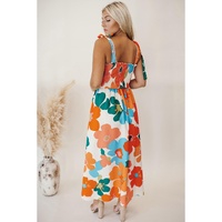 Orange Floral Self Tied Straps Smocked Bust Maxi Dress - L thumbnail