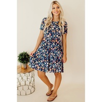 Blue Short Sleeve A-line Floral Dress - XL thumbnail