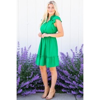 Bright Green Split V Neck Elastic Waist Ruffled Dress - L thumbnail