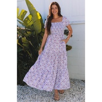 Purple Floral Short Bubble Sleeve Shirred High Waist Maxi Dress - M thumbnail