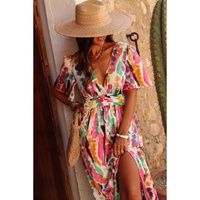 Pink Boho Tie-dye Print V Neck Maxi Dress - M thumbnail