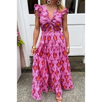 Bonbon Retro Print Twisted Front Ruffled Sleeve Maxi Dress - L thumbnail