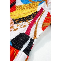 White Square Neck Smocked Abstract Print Boho Maxi Dress - M thumbnail