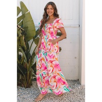 Pink Abstract Print Ruffled Sleeve Smocked Bust Maxi Dress - S thumbnail