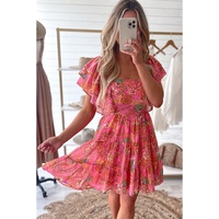 Pink Floral Square Neck Ruffle Sleeve Tiered Dress - L thumbnail