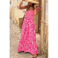 Pink Leopard Ruffle Straps Smocked High Waist Long Dress - L thumbnail