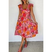 Pink Floral Square Neck Ruffled Flutter Sleeve Tiered Midi Dress - L thumbnail