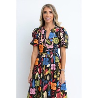 Black Retro Floral Printed Split Neck Maxi Dress - S thumbnail