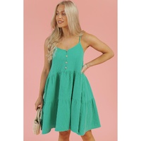 Sea Green Textured Buttoned Thin Strap Tiered Loose Fit Mini Dress - M thumbnail