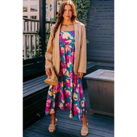 Dark Blue Floral High Waist Sleeveless Flared Long Dress - M thumbnail