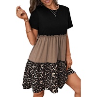 Light French Beige Leopard Print Colorblock Frill Trim T-shirt Dress - M thumbnail