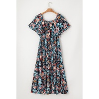 Sky Blue Floral Knotted Back Square Neck Maxi Dress - S thumbnail