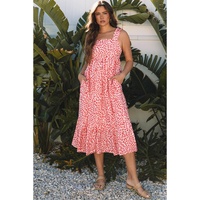 Pink Geometric Print Knot Back Sleeveless Ruffle Hem Dress - L thumbnail
