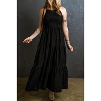 Black Spaghetti Straps Smocked Pleated Tiered Maxi Dress - S thumbnail