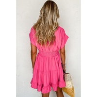 Strawberry Pink Ruched Sleeve V Neck Smock Waist Tiered Ruffled Dress - S thumbnail