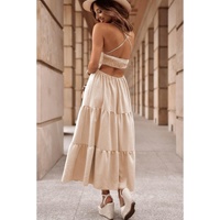 Oatmeal Crossover Backless Bodice Tiered Maxi Dress - L thumbnail
