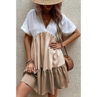 Light French Beige Triple Colors V Neck Folded Cuffs Tiered Loose Dress - L thumbnail