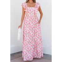 Pink Floral Print Square Neck Ruffled Strap Maxi Dress - 2XL thumbnail