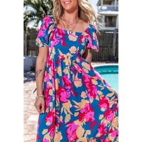 Dark Blue Square Neck Bubble Sleeve Ruffled Floral Dress - S thumbnail