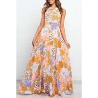 Orange Boho Floral Backless Lace up Sleeveless Maxi Dress - L thumbnail